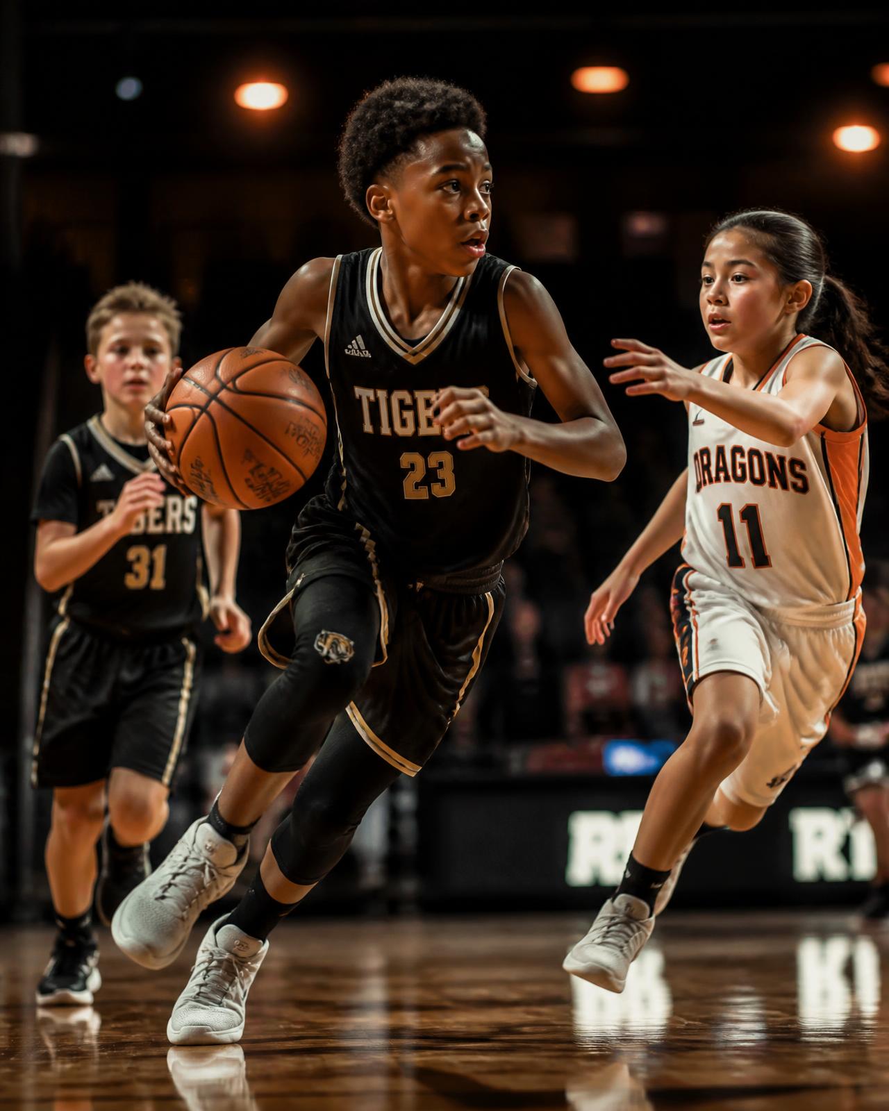 Youth basketball players competing